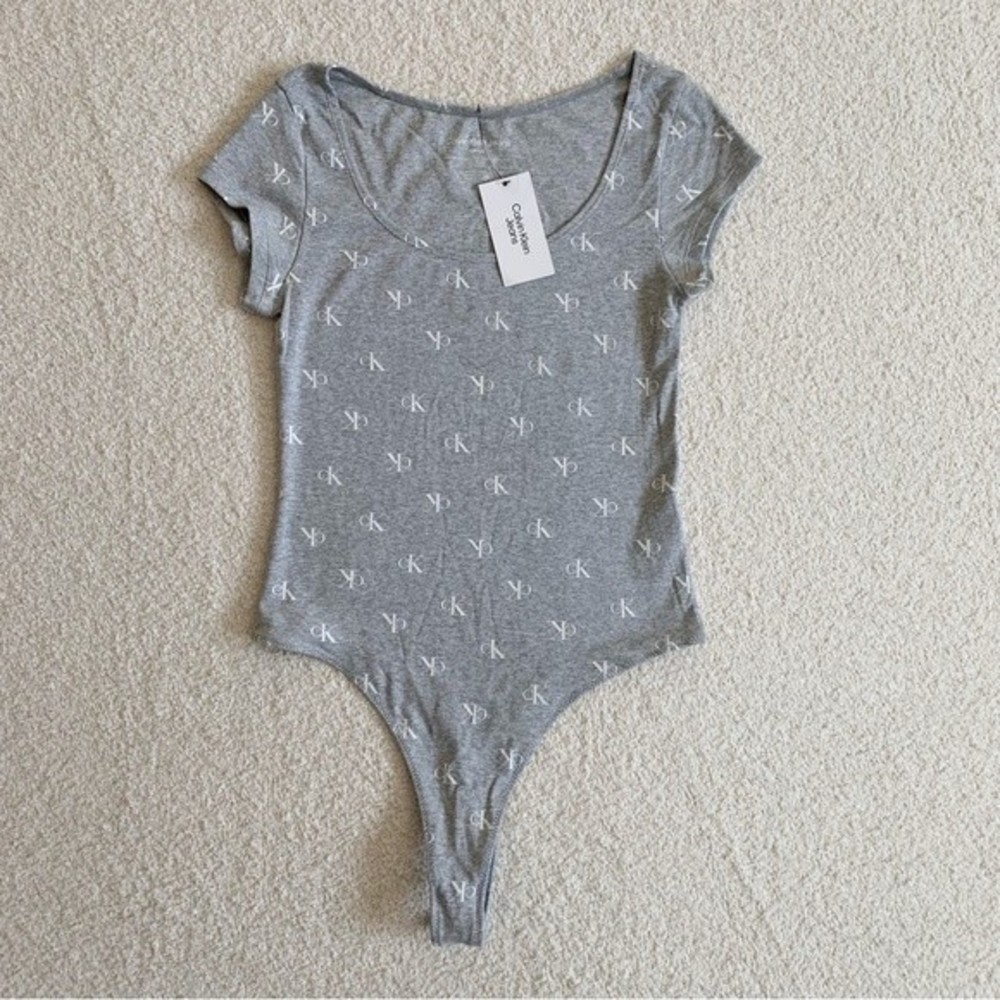Calvin Klein Grey Logo Bodysuit Size Small, Short-Sleeve NWT